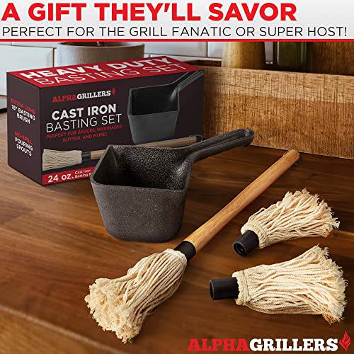 Alpha Grillers Cast Iron Pot & BBQ Brushes for Sauce - 24 oz Cast Iron Saucepan & Basting Brush BBQ Mop - Grill Parts America