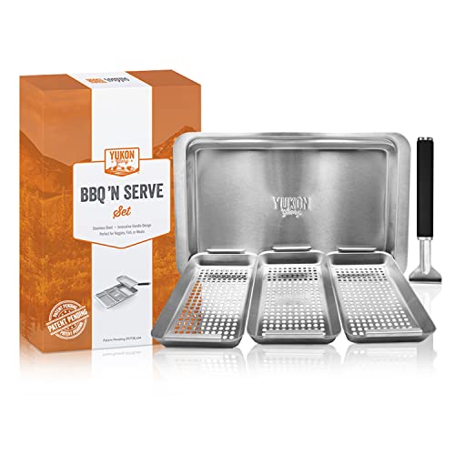 Yukon Glory™ BBQ 'N SERVE Grill Basket Set - Includes 3 Grilling Baskets a Serving Tray & Clip-on Handle - "Patented Grill-to-Table Design" Perfect For Grilling Fish Veggies & Meats - Grill Parts America
