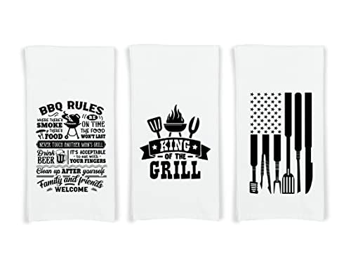 King of the Grill Set of 3 Grilling Towels with Hanging Loop - 100% Cotton Flour Sack Towels - BBQ Father's Day Gift Idea for Men Dad Grandpa - Grill Parts America