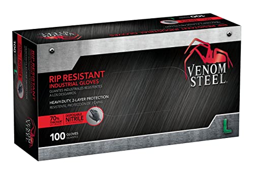 Venom Steel Industrial Nitrile Gloves, Chemical Resistant Disposable Black Gloves, Latex-Free, Powder-Free, Textured Grip, Heavy Duty Two-Layer Protection, 6 mil, One Size Fits Most, 100 Count - Grill Parts America