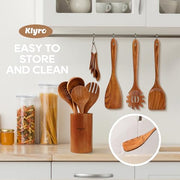 KLYRO Wooden Spoons for Cooking, Nonstick Kitchen Utensils Set with 4 Piece Measuring Spoons, Comfort Grip Wooden Spatula Set, 9 Piece Teak Wooden Cooking Utensils with Holder and Spoon Rest - Grill Parts America