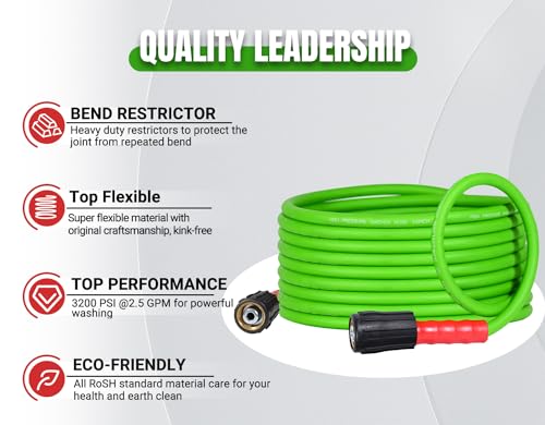 YAMATIC Pro Flexible Pressure Washer Hose for Gas Electric Power Washer Replacement, 25 FT Kink Resistant Extension With 3/8" Quick Connect Adapters, Leak-Free M22 Fittings, 1/4" 3200 PSI, Green - Grill Parts America