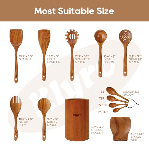 KLYRO Wooden Spoons for Cooking, Nonstick Kitchen Utensils Set with 4 Piece Measuring Spoons, Comfort Grip Wooden Spatula Set, 9 Piece Teak Wooden Cooking Utensils with Holder and Spoon Rest - Grill Parts America