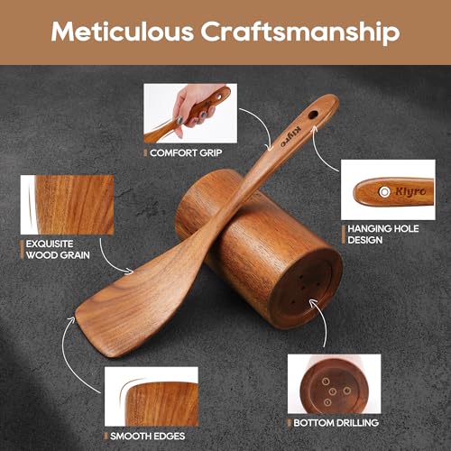 KLYRO Wooden Spoons for Cooking, Nonstick Kitchen Utensils Set with 4 Piece Measuring Spoons, Comfort Grip Wooden Spatula Set, 9 Piece Teak Wooden Cooking Utensils with Holder and Spoon Rest - Grill Parts America