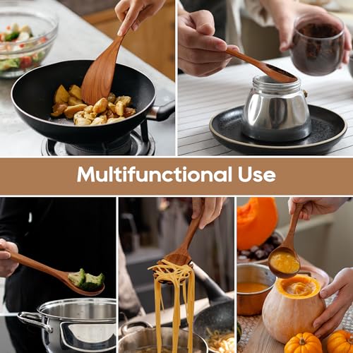 KLYRO Wooden Spoons for Cooking, Nonstick Kitchen Utensils Set with 4 Piece Measuring Spoons, Comfort Grip Wooden Spatula Set, 9 Piece Teak Wooden Cooking Utensils with Holder and Spoon Rest - Grill Parts America