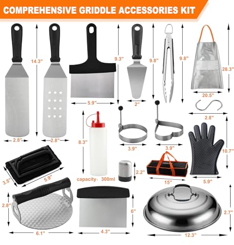 grilljoy 28-Piece Griddle Accessories Kit with Cleaning Kit for Teppanyaki Camping Cooking - Complete Griddle Tools Set in Carrying Storage Bag - Basting Cover, Smash Burger Press, Grill Spatulas - Grill Parts America