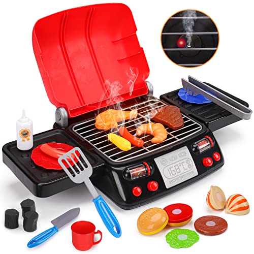 Kids Play Food Grill with Pretend Smoke Sound Light Kitchen Playset BBQ Accessories Camping Cooking Set Barbecue Toddler Girl Boy Toy 2 3 4 5 6 Year Old 4-8 Birthday Kid Outdoor Toy Gift Idea - Grill Parts America