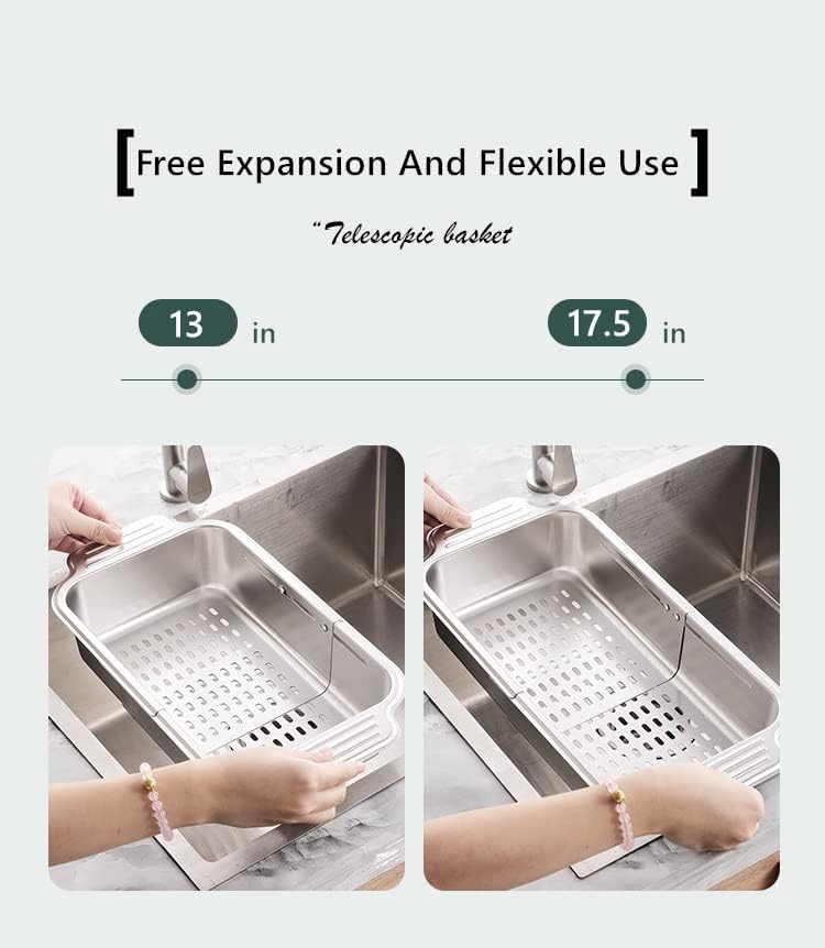 ZDRongZhen Kitchen Supply-Over The Sink Stainless Steel Retractable Kitchen Sink Basket -Wash Vegetables and Fruits, Drain Pasta and Dry Dishes,Extendable (Medium Silver) - Grill Parts America
