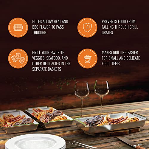 Yukon Glory™ BBQ 'N SERVE Grill Basket Set - Includes 3 Grilling Baskets a Serving Tray & Clip-on Handle - "Patented Grill-to-Table Design" Perfect For Grilling Fish Veggies & Meats - Grill Parts America
