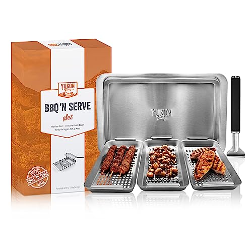 Yukon Glory™ BBQ 'N SERVE Grill Basket Set - Includes 3 Grilling Baskets a Serving Tray & Clip-on Handle - "Patented Grill-to-Table Design" Perfect For Grilling Fish Veggies & Meats - Grill Parts America