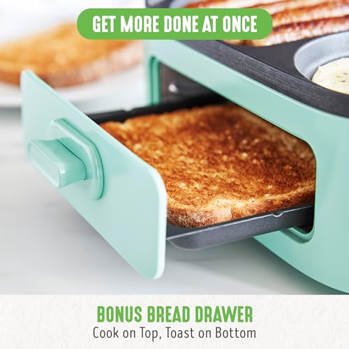 GreenLife 3-in-1 Breakfast Maker Station, Healthy Ceramic Nonstick Dual Griddles for Eggs Meat Sausage Bacon Pancakes and Breakfast Sandwiches, 2 Slice Toast Drawer, Easy-to-use Timer, Turquoise - Grill Parts America