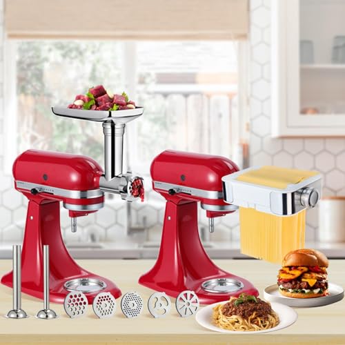 Meat Grinder & Pasta Maker Attachment for ALL Kitchenaid Stand Mixers,Kitchen Aid Mixer Accessories Includes Metal Meat Grinder with Sausage Stuffer Tubesand and Pasta Maker Attachment 3 in 1 Set - Grill Parts America