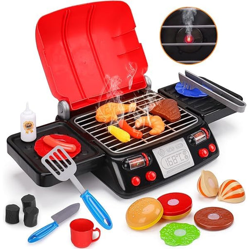 Kids Play Food Grill with Pretend Smoke Sound Light Kitchen Playset BBQ Accessories Camping Cooking Set Barbecue Toddler Girl Boy Toy 2 3 4 5 6 Year Old 4-8 Birthday Kid Outdoor Toy Gift Idea - Grill Parts America