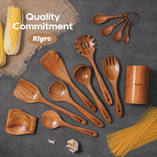 KLYRO Wooden Spoons for Cooking, Nonstick Kitchen Utensils Set with 4 Piece Measuring Spoons, Comfort Grip Wooden Spatula Set, 9 Piece Teak Wooden Cooking Utensils with Holder and Spoon Rest - Grill Parts America