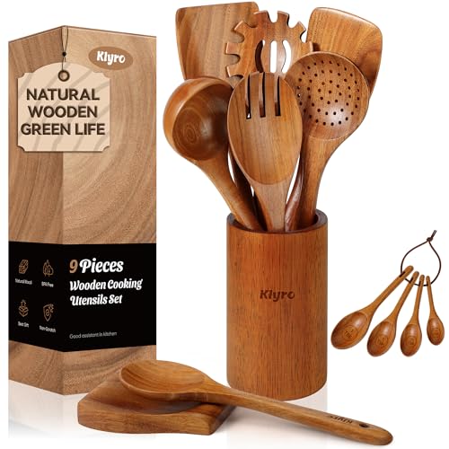 KLYRO Wooden Spoons for Cooking, Nonstick Kitchen Utensils Set with 4 Piece Measuring Spoons, Comfort Grip Wooden Spatula Set, 9 Piece Teak Wooden Cooking Utensils with Holder and Spoon Rest - Grill Parts America