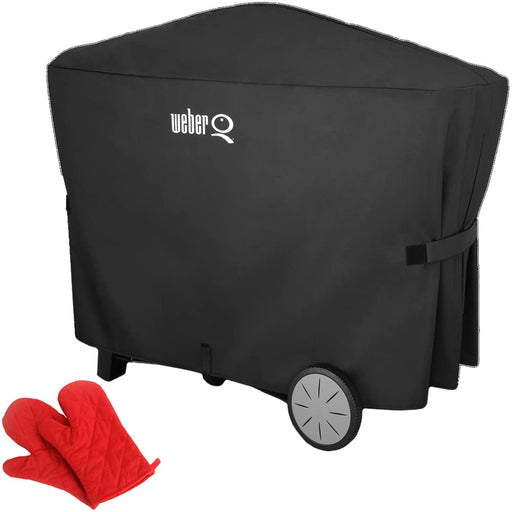 Weber 7112 Q 2000 and 3000 Series Premium Grill Cover Bundle with Deco Essentials Pair of Red Heat Resistant Oven Mitt - Grill Parts America