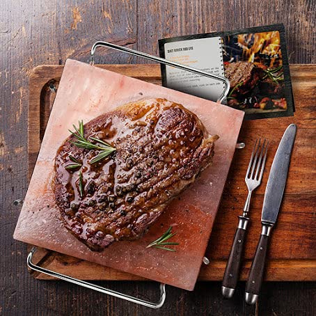 UMAID Himalayan Salt Block For Grilling, Cooking, Cutting and Serving,8X8X1.5 Food Grade Himalayan Pink Salt Stone on Stainless Steel Plate & Recipe Pamphlet, Unique Gifts for Men, Women, Chef, Cooks - Grill Parts America