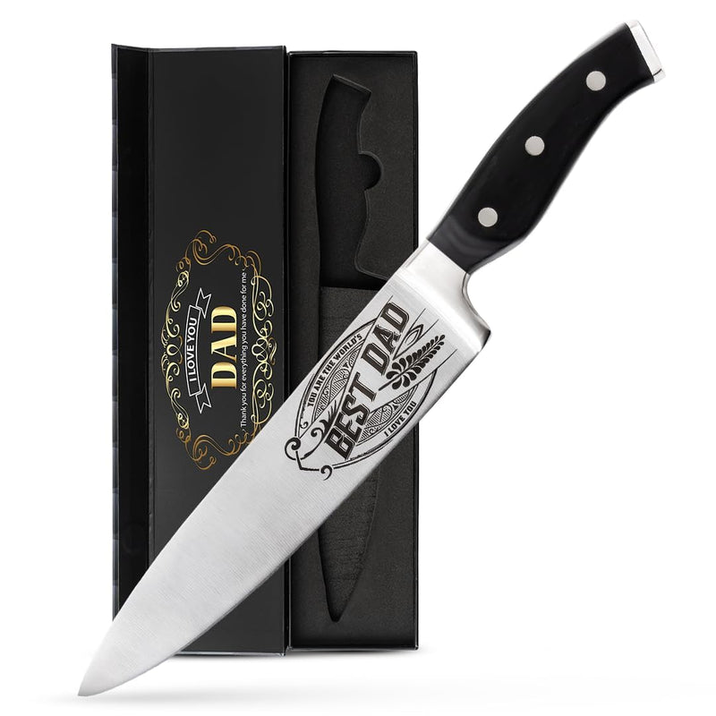 Fathers Day Gift “BEST DAD” - CutLinx Chef Knife Gift Set - 8 in. Stainless Carbon Steel Kitchen Knive w/Pakka Wood Handle - Birthday, Father's Day, Christmas, Anniversary, Housewarming, Holiday Gifts - Grill Parts America