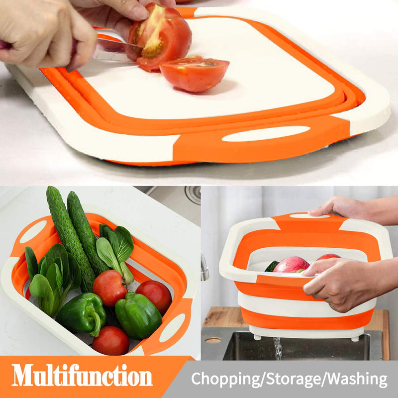 Rottogoon Collapsible Cutting Board, Foldable Chopping Board with Colander, Multifunctional Kitchen Vegetable Washing Basket Silicone Dish Tub for BBQ Prep/Picnic/Camping(Orange) - Grill Parts America