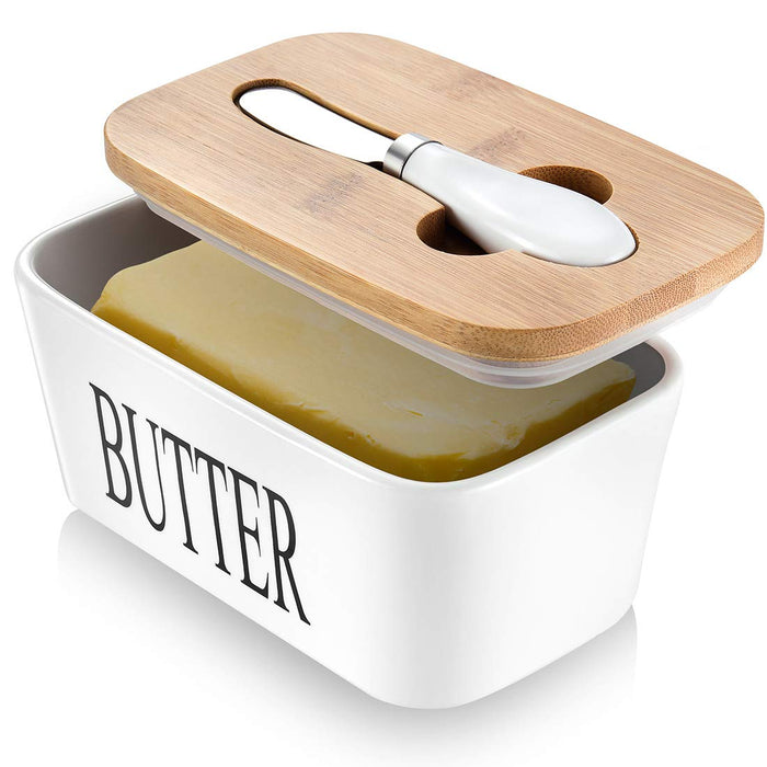 Butter Dish with Lid, Home Decor, Large Butter Dish for Countertop Ceramic Butter Keeper Container with Knife and High-Quality Silicone Sealing Butter Dish Good Kitchen Gift White - Grill Parts America