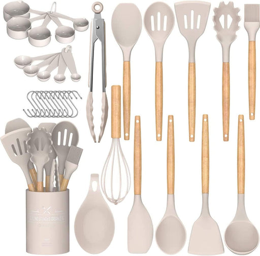 Umite Chef Kitchen Cooking Utensils Set, 33 pcs Non-Stick Silicone Cooking Kitchen Utensils Spatula Set with Holder, Wooden Handle Silicone Kitchen Gadgets Utensil Set (Khaki) - Grill Parts America