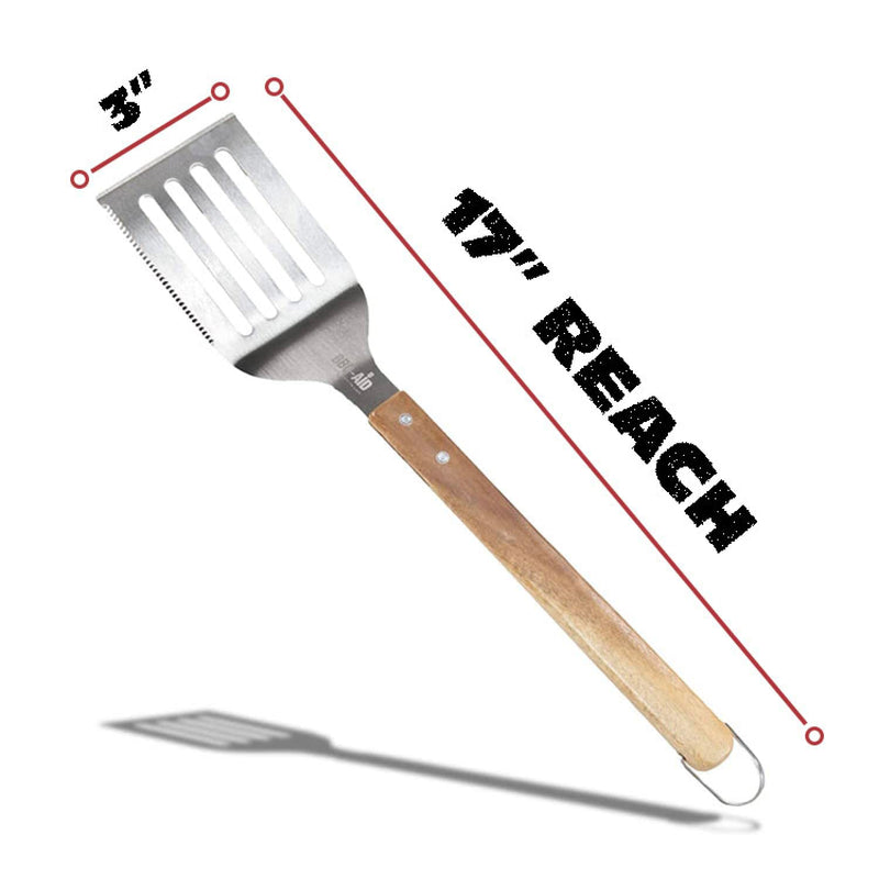 BBQ-AID 3 Piece Grill Set BBQ Accessories - Kitchen Tongs, Metal Spatula & Fork Utensils - Heavy Duty Stainless Steel Barbecue Grill Utensils for Outdoor Grill with Solid Sturdy Wood Handles - Grill Parts America