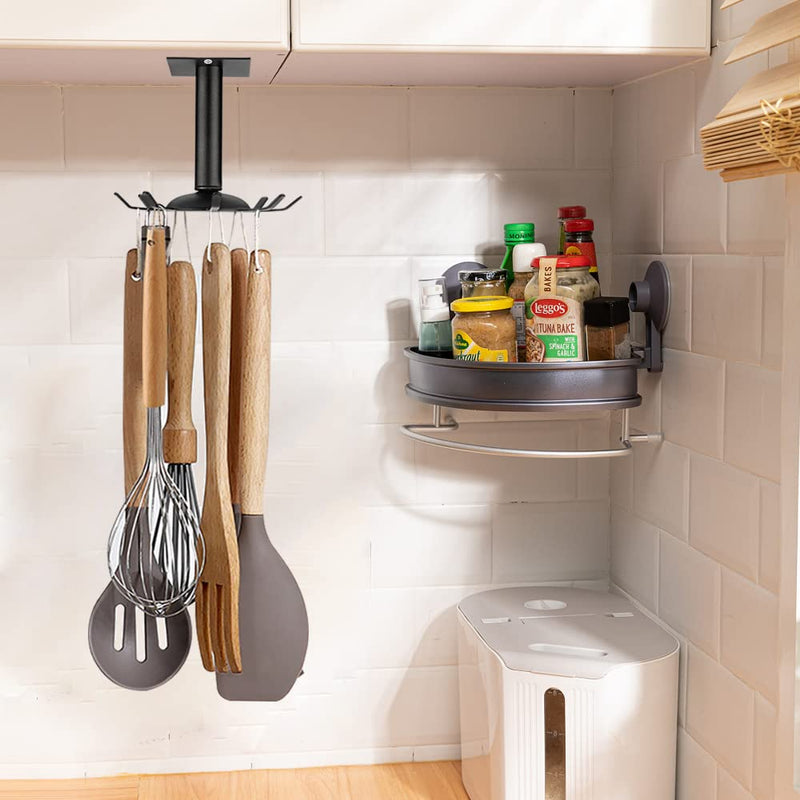 Kitchen Rotating Utensils Hooks, Matte Black Cooking Utensil Rack with 8 Rotatable Hooks for Spoons Pots Rags. Top Mounted Metal Kitchen Utensils Hanger Holder for Kitchen Bathroom Garage. - Grill Parts America
