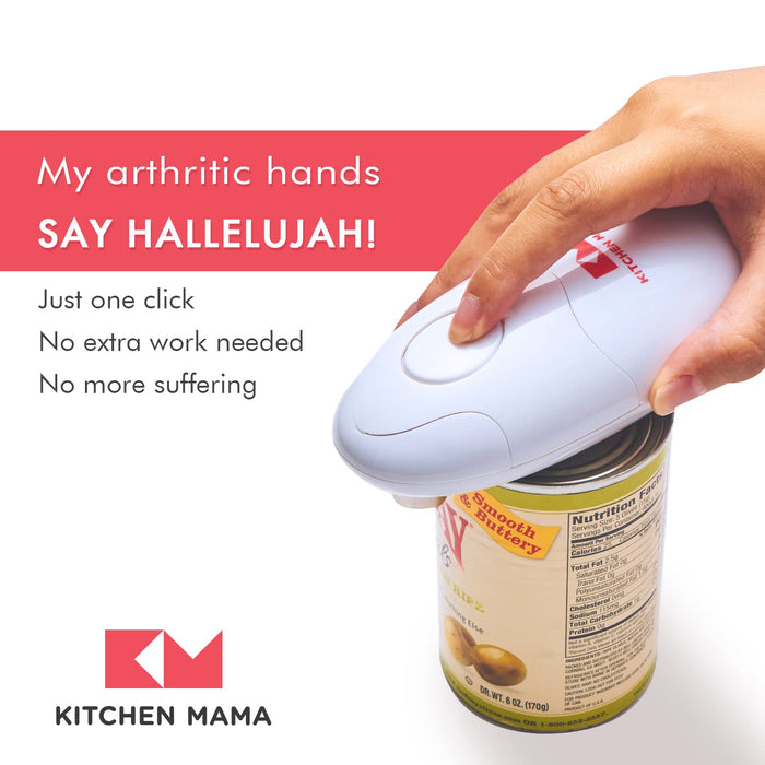 Kitchen Mama Auto Electric Can Opener Open Your Cans with A Simple Press of Button - Automatic, Hands Free, Smooth Edge, Food-Safe, Battery Operated, YES YOU CAN (White) - Grill Parts America