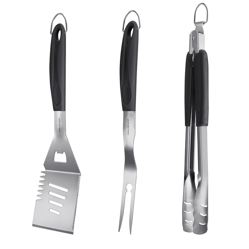 HAUSHOF Large Grill Accessories Heavy Duty BBQ Set Gifts for Men/Women - Premium Stainless Steel Spatula, Fork & Tongs (16.5/16/16.5 in.), Barbecue Utensils Tool Kit Gift for Grilling Lover Outdoor - Grill Parts America