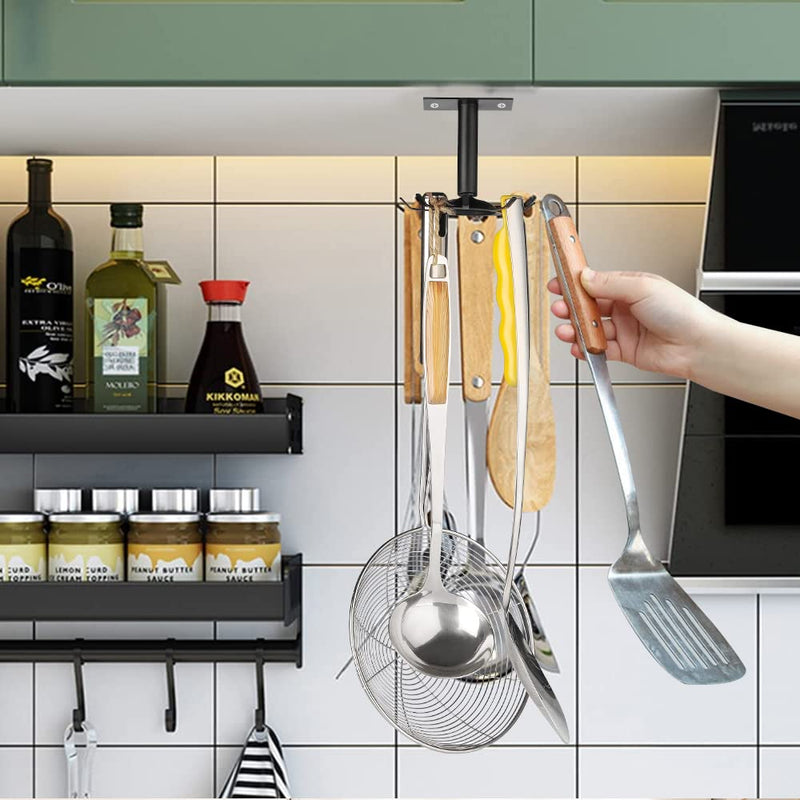 Kitchen Rotating Utensils Hooks, Matte Black Cooking Utensil Rack with 8 Rotatable Hooks for Spoons Pots Rags. Top Mounted Metal Kitchen Utensils Hanger Holder for Kitchen Bathroom Garage. - Grill Parts America