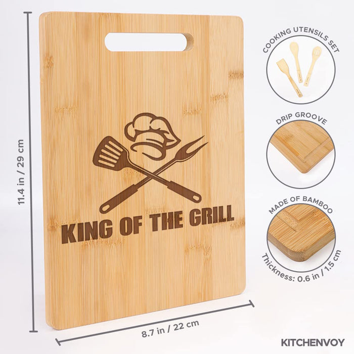 KITCHENVOY King of The Grill Bamboo Cutting Board for Men - Dad Cutting Board - Grilling Gifts for Men, Birthday Gift for Dad, Kitchen Gift for Husband on Anniversary - BBQ Board for Godfather - Grill Parts America