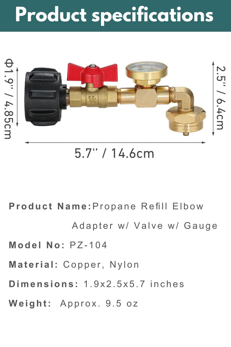 camping moon QCC1 Propane Refill Elbow Adapter, Propane Bottle Refill Adapter with Gauge and ON-Off Control Valve for 1LB Propane Tank to Be Refilled Gas from 5-40 LB Cylinder PZ-104