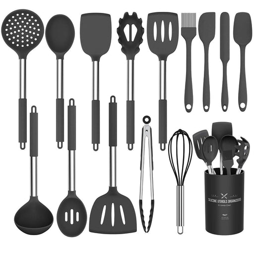 Silicone Cooking Utensil Set, Umite Chef 15pcs Silicone Cooking Kitchen Utensils Set, Non-stick - Best Kitchen Cookware with Stainless Steel Handle - Black - Grill Parts America