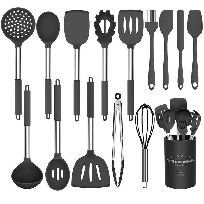 Silicone Cooking Utensil Set, Umite Chef 15pcs Silicone Cooking Kitchen Utensils Set, Non-stick - Best Kitchen Cookware with Stainless Steel Handle - Black - Grill Parts America