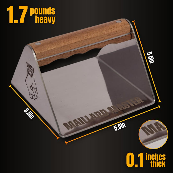 Smash City Smashed Burger Press – Non Stick Stainless Steel Burger Smasher Tool – Grill Press Smashburger Tool– Smashed Burger Press for Smashburger with Rounded Wooden Handle - Grill Parts America