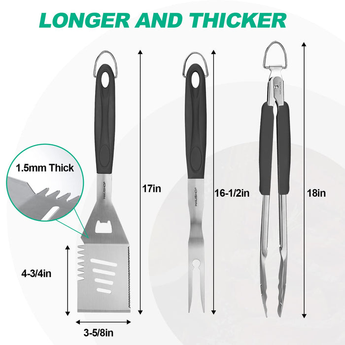 HAUSHOF Large Grill Accessories Heavy Duty BBQ Set Gifts for Men/Women - Premium Stainless Steel Spatula, Fork & Tongs (16.5/16/16.5 in.), Barbecue Utensils Tool Kit Gift for Grilling Lover Outdoor - Grill Parts America
