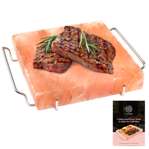 UMAID Himalayan Salt Block For Grilling, Cooking, Cutting and Serving,8X8X1.5 Food Grade Himalayan Pink Salt Stone on Stainless Steel Plate & Recipe Pamphlet, Unique Gifts for Men, Women, Chef, Cooks - Grill Parts America