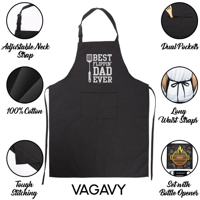 VAGAVY - Best Flippin Dad Ever Dad Apron with Pockets - Bottle Opener and Gift Box Included - Birthday, Father’s Day Grilling Gifts for Papa, Husband - Black Barbeque Apron for Daddy Men - Grill Parts America