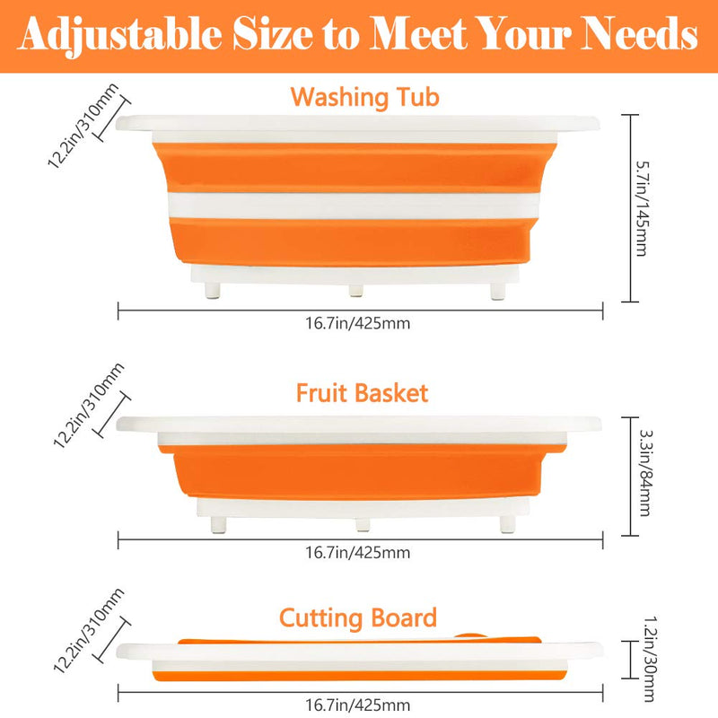 Rottogoon Collapsible Cutting Board, Foldable Chopping Board with Colander, Multifunctional Kitchen Vegetable Washing Basket Silicone Dish Tub for BBQ Prep/Picnic/Camping(Orange) - Grill Parts America