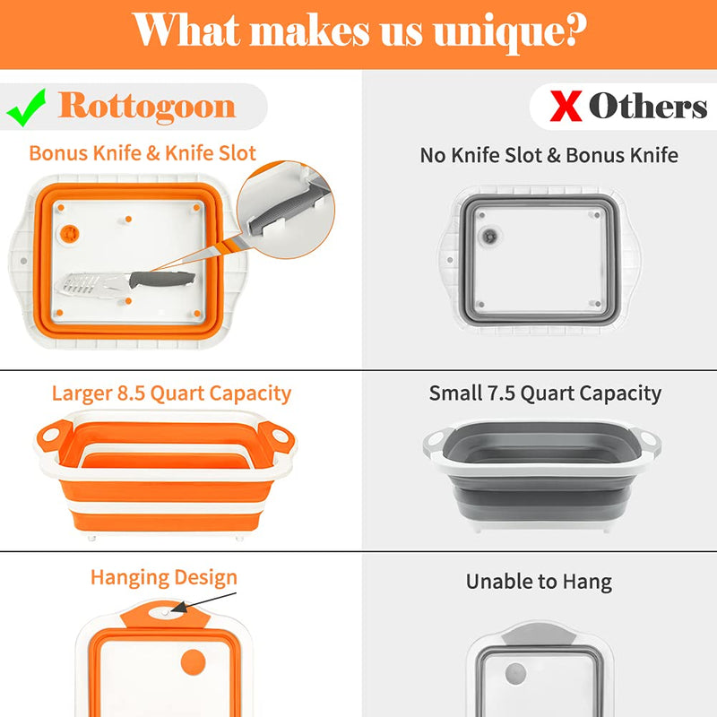 Rottogoon Collapsible Cutting Board, Foldable Chopping Board with Colander, Multifunctional Kitchen Vegetable Washing Basket Silicone Dish Tub for BBQ Prep/Picnic/Camping(Orange) - Grill Parts America
