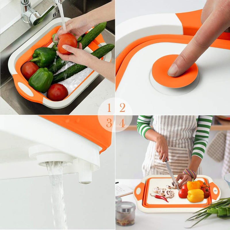 Rottogoon Collapsible Cutting Board, Foldable Chopping Board with Colander, Multifunctional Kitchen Vegetable Washing Basket Silicone Dish Tub for BBQ Prep/Picnic/Camping(Orange) - Grill Parts America