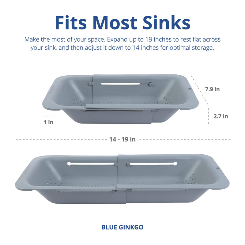 BLUE GINKGO Over the Sink Colander Strainer Basket - Wash Vegetables and Fruits, Drain Cooked Pasta and Dry Dishes - Extendable - New Home Kitchen Essentials (7.9W x 14-19L x 2.75H) - Gray - Grill Parts America