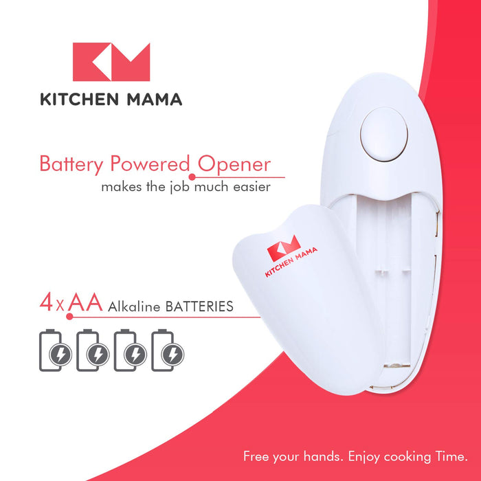 Kitchen Mama Auto Electric Can Opener Open Your Cans with A Simple Press of Button - Automatic, Hands Free, Smooth Edge, Food-Safe, Battery Operated, YES YOU CAN (White) - Grill Parts America