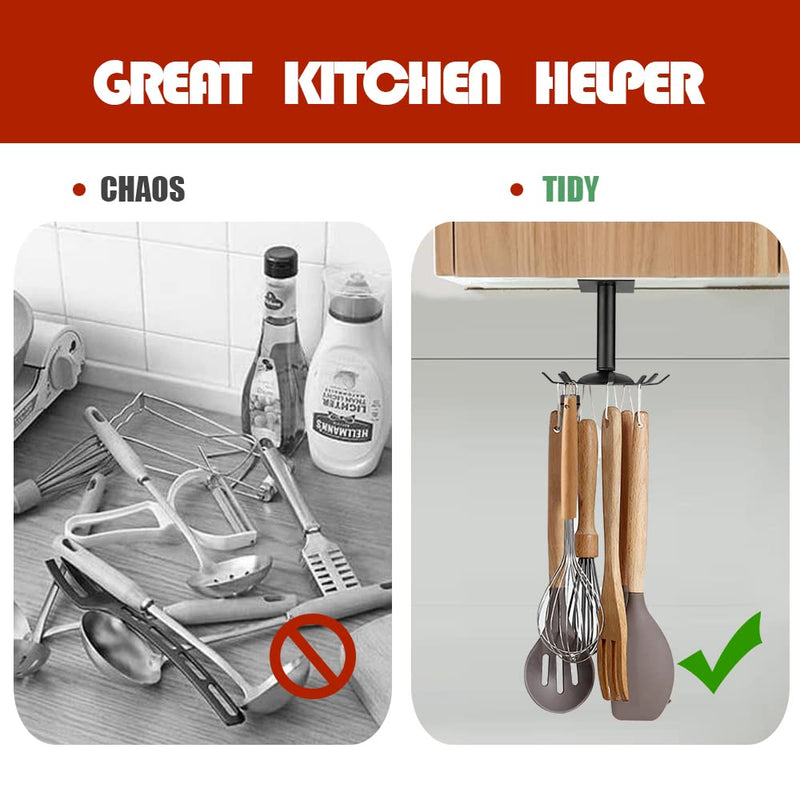 Kitchen Rotating Utensils Hooks, Matte Black Cooking Utensil Rack with 8 Rotatable Hooks for Spoons Pots Rags. Top Mounted Metal Kitchen Utensils Hanger Holder for Kitchen Bathroom Garage. - Grill Parts America
