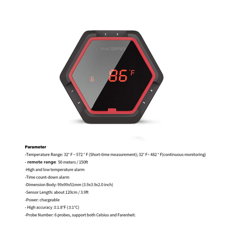 Inkbird Grill Bluetooth BBQ Thermometer Wireless IBT-6XS, 6 Probes Digital Smoker Grill Thermometer for Cooking,150ft Bluetooth Meat Thermometer, Magnet, Timer, Alarm for Kitchen, Food (Red) - Grill Parts America