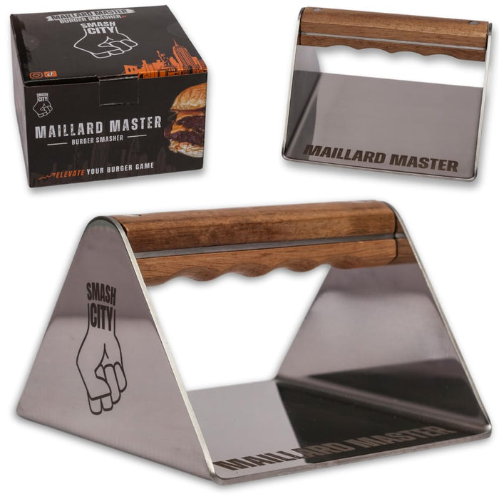 Smash City Smashed Burger Press – Non Stick Stainless Steel Burger Smasher Tool – Grill Press Smashburger Tool– Smashed Burger Press for Smashburger with Rounded Wooden Handle - Grill Parts America