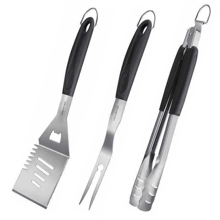 HAUSHOF Large Grill Accessories Heavy Duty BBQ Set Gifts for Men/Women - Premium Stainless Steel Spatula, Fork & Tongs (16.5/16/16.5 in.), Barbecue Utensils Tool Kit Gift for Grilling Lover Outdoor - Grill Parts America