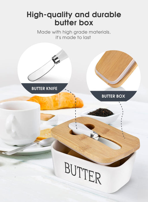 Butter Dish with Lid, Home Decor, Large Butter Dish for Countertop Ceramic Butter Keeper Container with Knife and High-Quality Silicone Sealing Butter Dish Good Kitchen Gift White - Grill Parts America