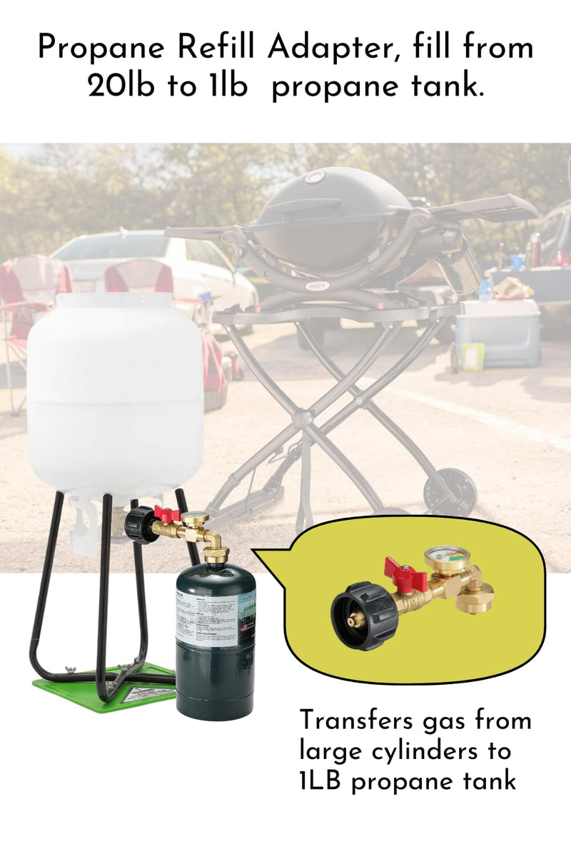 camping moon QCC1 Propane Refill Elbow Adapter, Propane Bottle Refill Adapter with Gauge and ON-Off Control Valve for 1LB Propane Tank to Be Refilled Gas from 5-40 LB Cylinder PZ-104