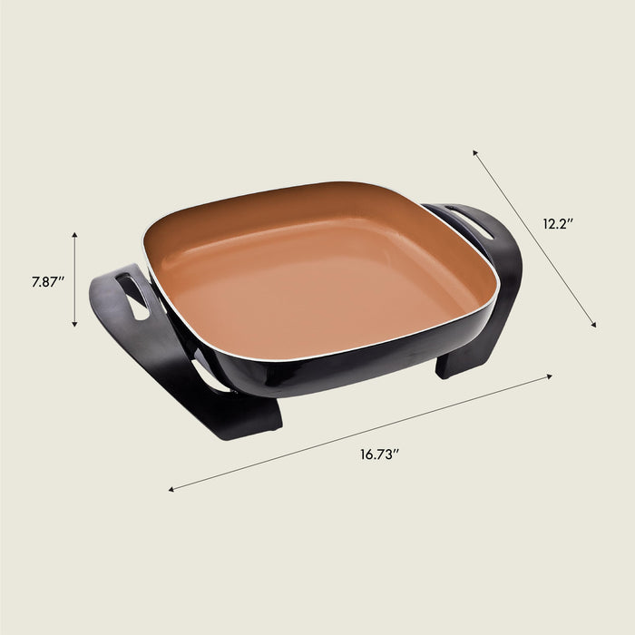 BELLA Electric Skillet and Frying Pan with Glass Lid, Nonstick Coating, Cool Touch Handles, Removable Heating Probe, Dishwasher Safe, 12 x 12 inch, Copper - Grill Parts America